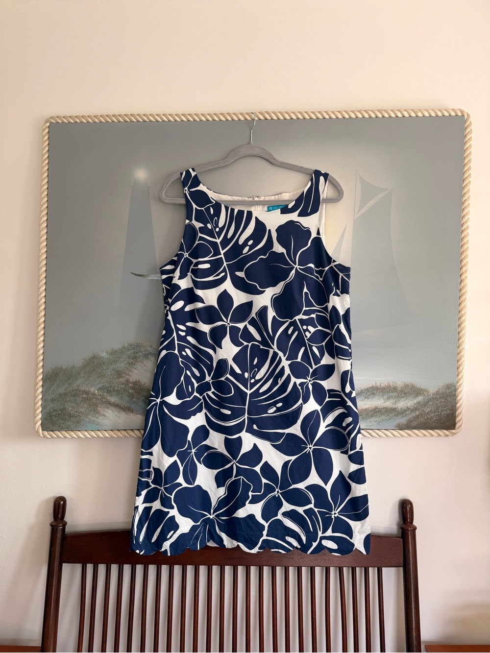 Tori Richard Navy Tropical Print Shift Dress Scalloped Hem Sz 12